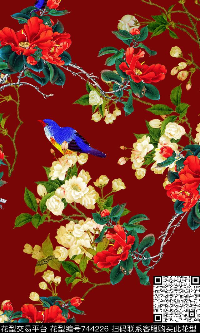 大花数码印花国画花卉、花鸟、水墨画、中国风数码印花华亿平台下载（图片编号: 744226） - 瓦栏（Walan）