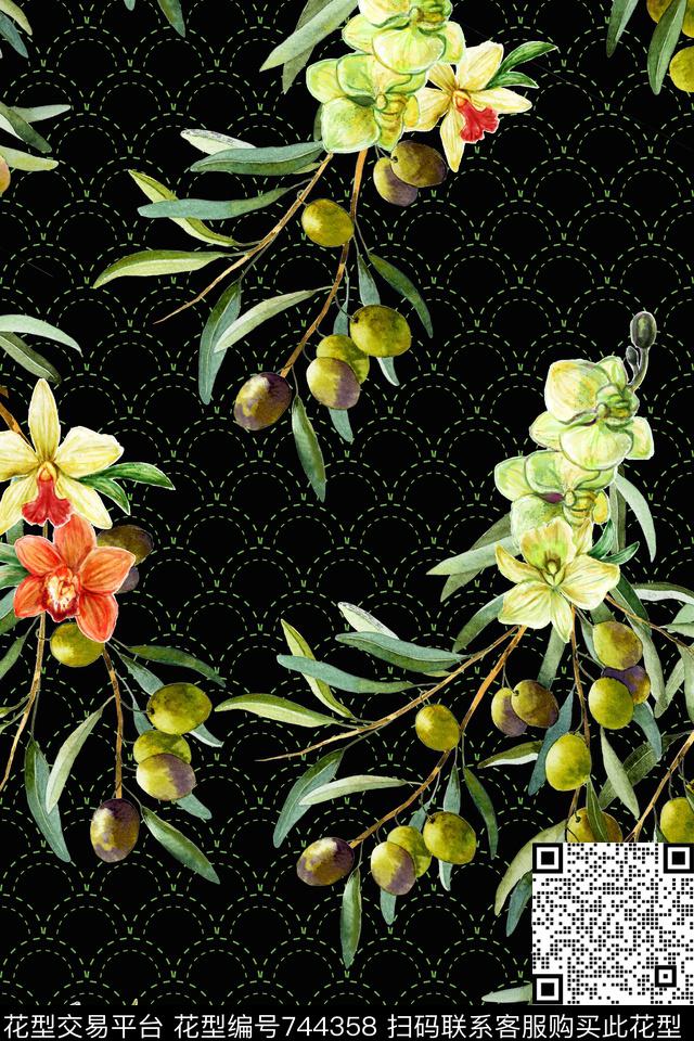 花卉兰花果实数码印花华亿平台下载（图片编号: 744358） - 瓦栏（Walan）