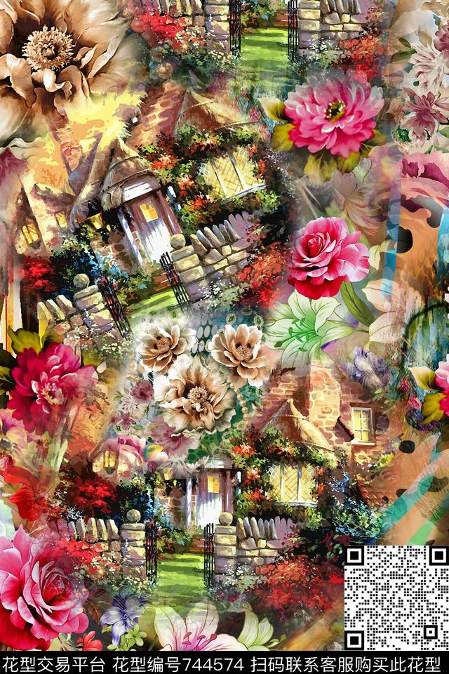 花卉玫瑰花卉乱花数码印花华亿平台下载（图片编号: 744574） - 瓦栏（Walan）