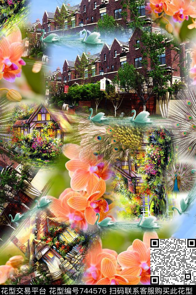 乱花房子卡通建筑数码印花华亿平台下载（图片编号: 744576） - 瓦栏（Walan）