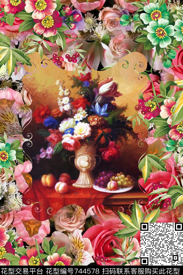 乱花玫瑰花卉手绘花卉数码印花华亿平台下载（图片编号: 744578） - 瓦栏（Walan）
