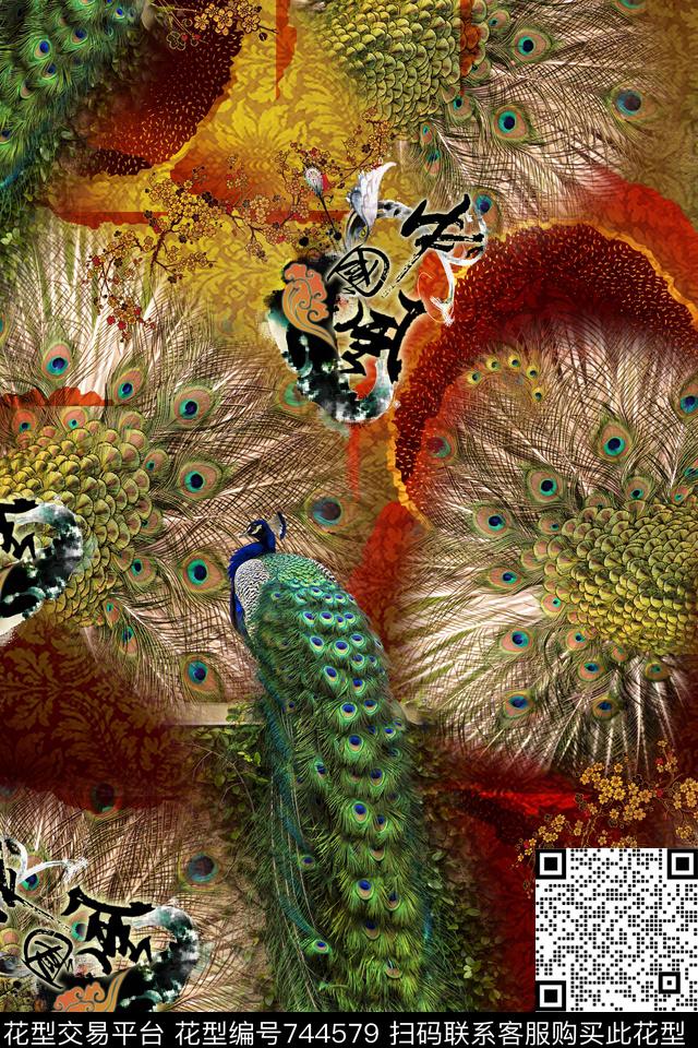 中国风孔雀眼孔雀羽数码印花华亿平台下载（图片编号: 744579） - 瓦栏（Walan）