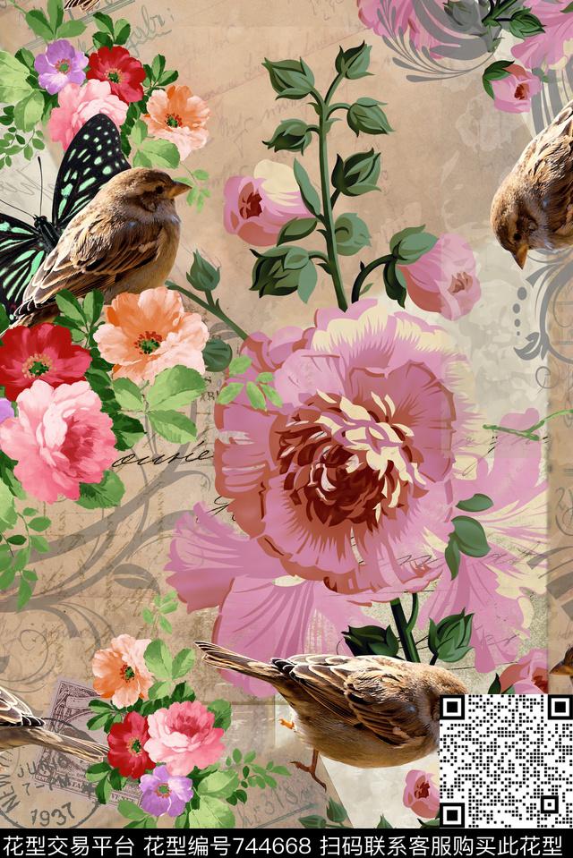 花卉手绘花卉鸟数码印花华亿平台下载（图片编号: 744668） - 瓦栏（Walan）