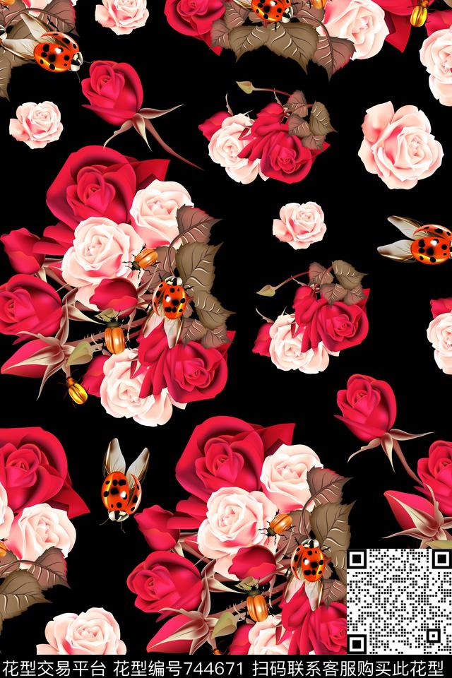 乱花手绘花卉玫瑰花卉数码印花华亿平台下载（图片编号: 744671） - 瓦栏（Walan）