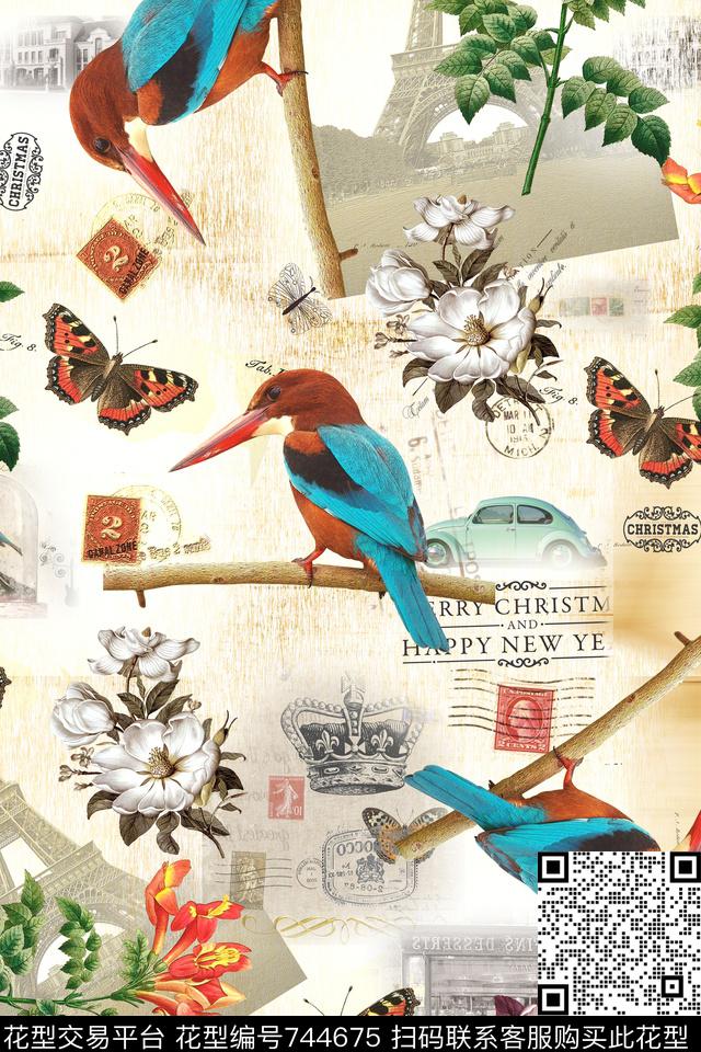 小鸟华亿平台蝴蝶数码印花华亿平台下载（图片编号: 744675） - 瓦栏（Walan）