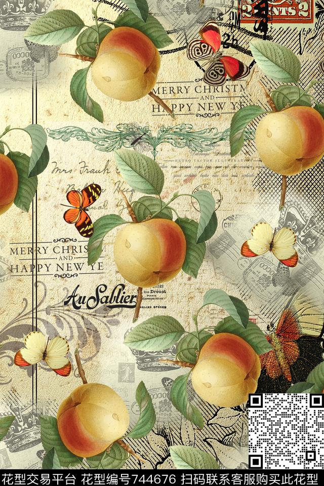 苹果叶子蝴蝶数码印花华亿平台下载（图片编号: 744676） - 瓦栏（Walan）
