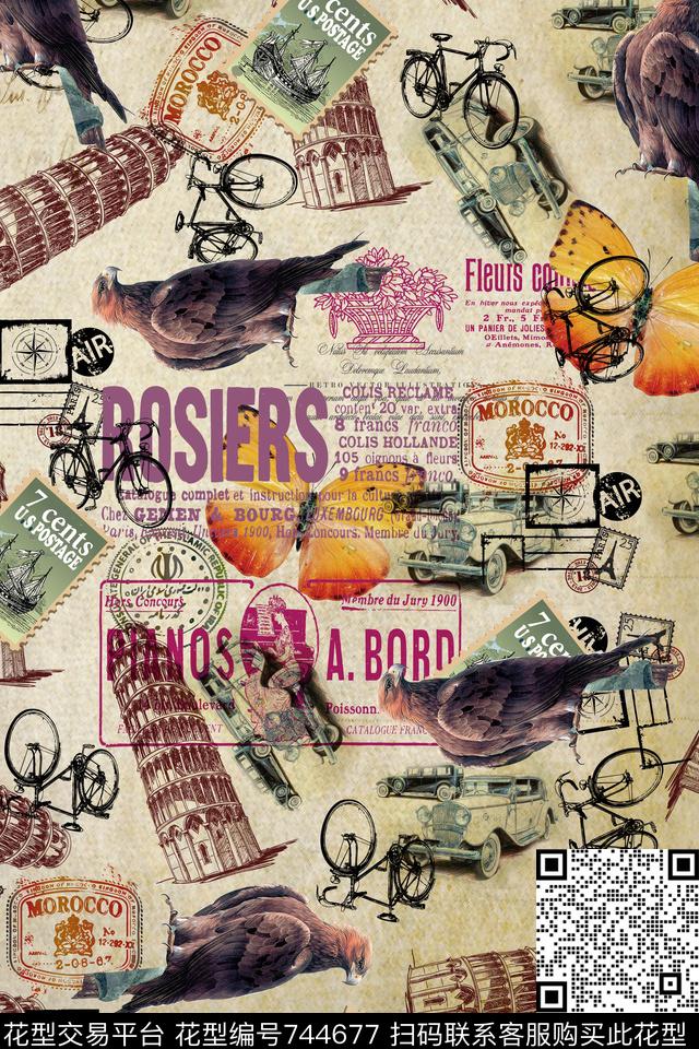 比萨斜塔鹦鹉蝴蝶数码印花华亿平台下载（图片编号: 744677） - 瓦栏（Walan）