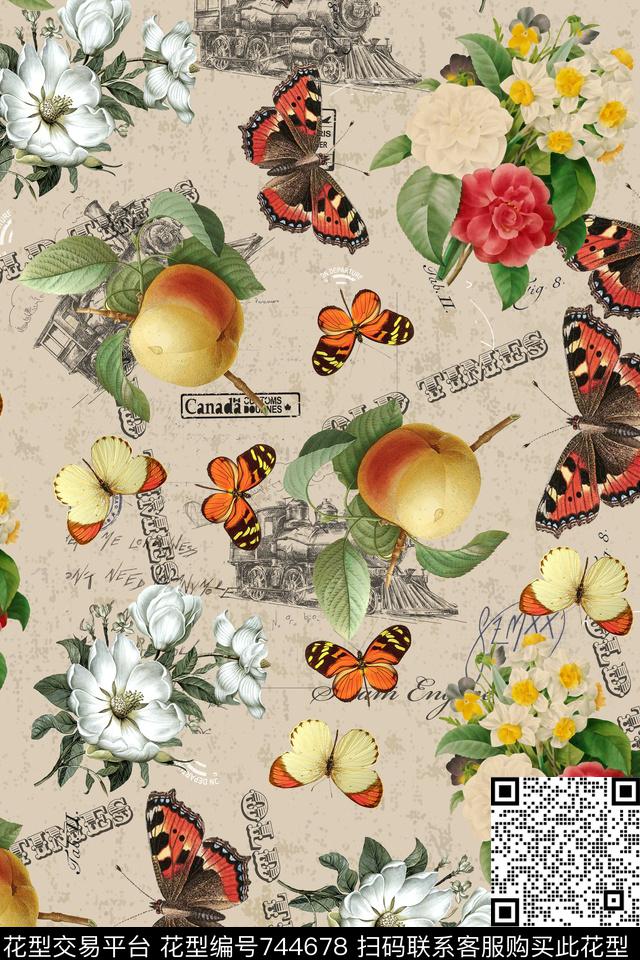 手绘花卉花卉蝴蝶数码印花华亿平台下载（图片编号: 744678） - 瓦栏（Walan）