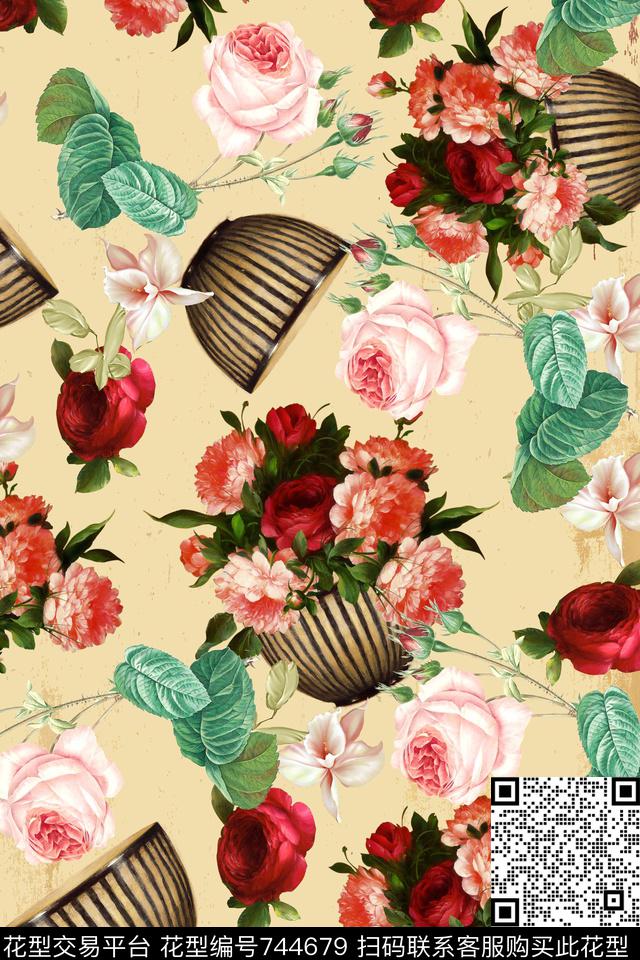 华亿平台花卉玫瑰花卉数码印花华亿平台下载（图片编号: 744679） - 瓦栏（Walan）