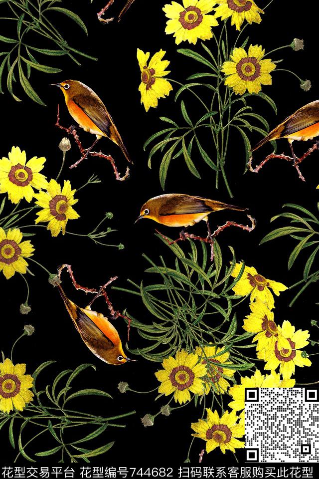 华亿平台手绘花卉花鸟图数码印花华亿平台下载（图片编号: 744682） - 瓦栏（Walan）