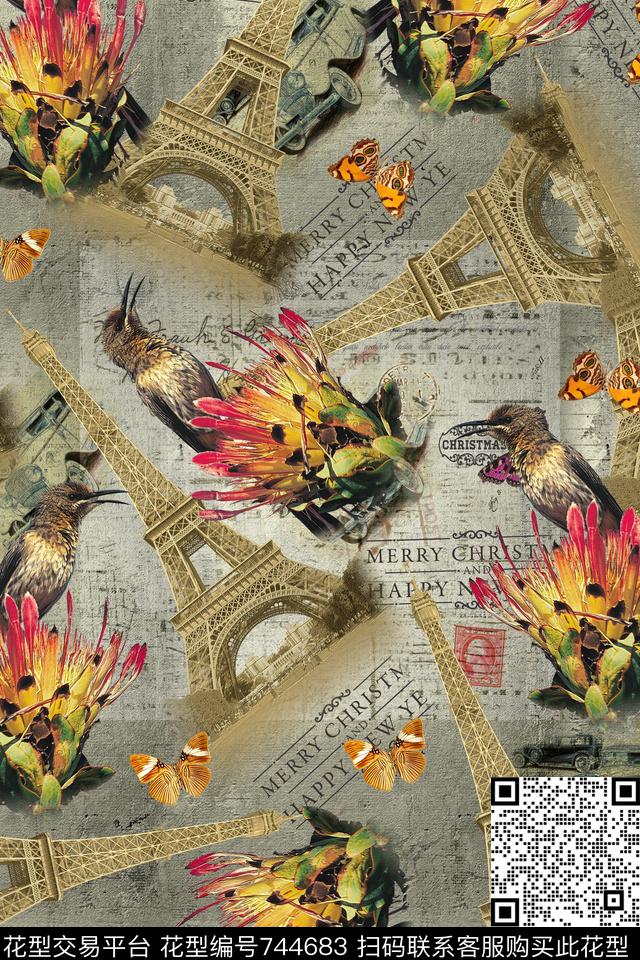花鸟图埃菲尔铁塔鸟数码印花华亿平台下载（图片编号: 744683） - 瓦栏（Walan）