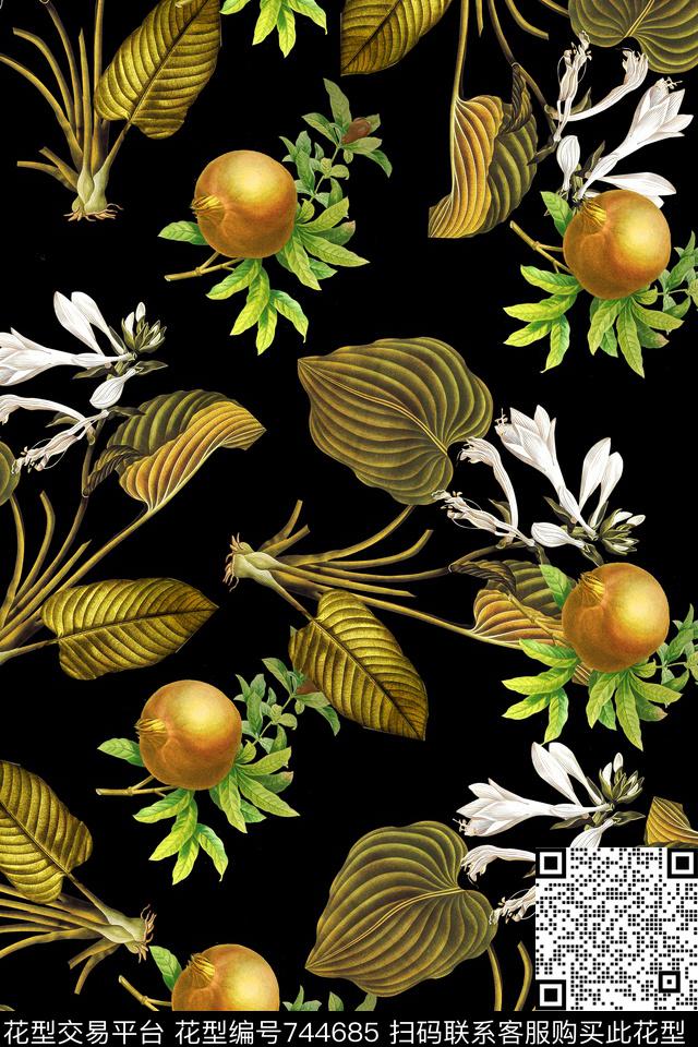石榴果叶子手绘花卉数码印花华亿平台下载（图片编号: 744685） - 瓦栏（Walan）