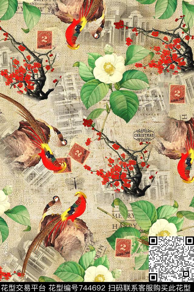 梅花花卉鹦鹉花卉数码印花华亿平台下载（图片编号: 744692） - 瓦栏（Walan）