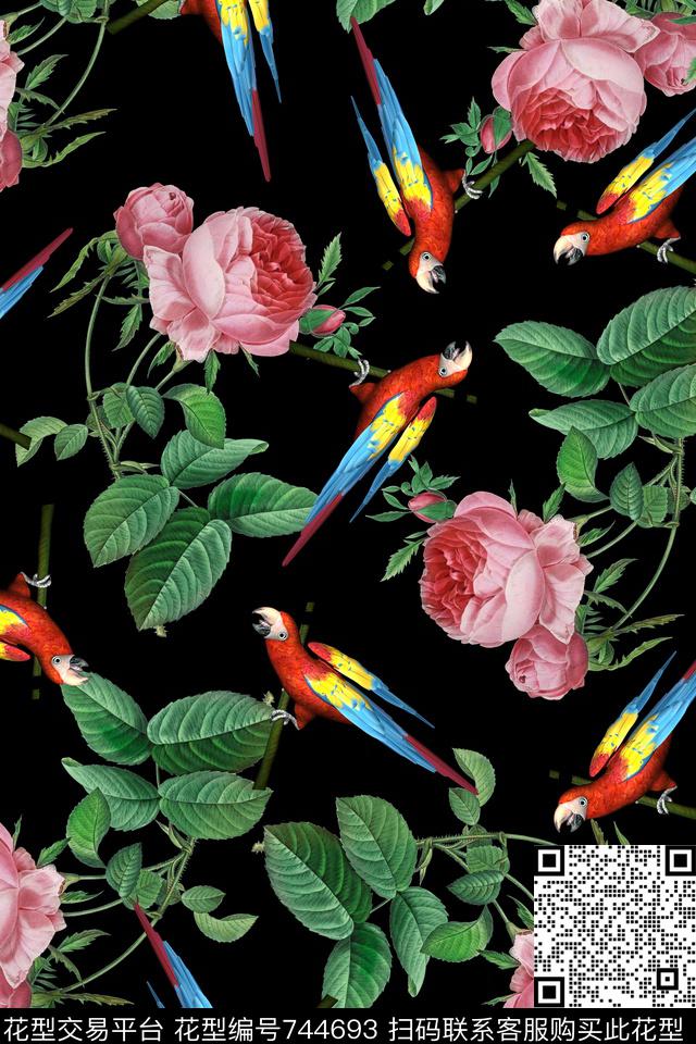 手绘花卉鹦鹉叶子数码印花华亿平台下载（图片编号: 744693） - 瓦栏（Walan）