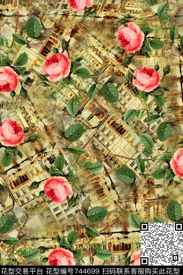 手绘花卉玫瑰花卉花卉数码印花华亿平台下载（图片编号: 744699） - 瓦栏（Walan）