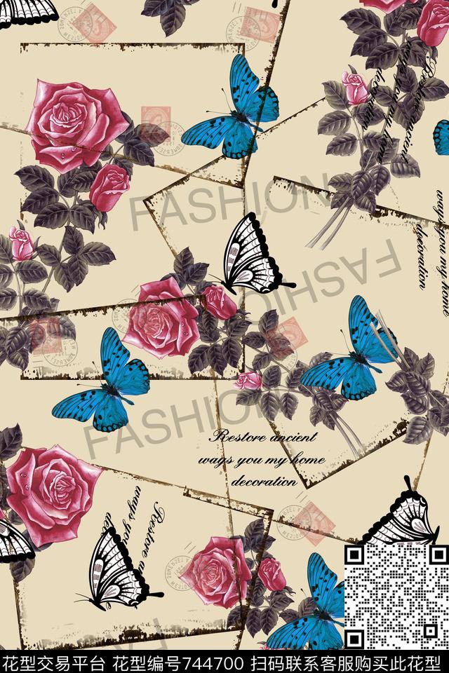 玫瑰花卉叶子欧式花卉数码印花华亿平台下载（图片编号: 744700） - 瓦栏（Walan）