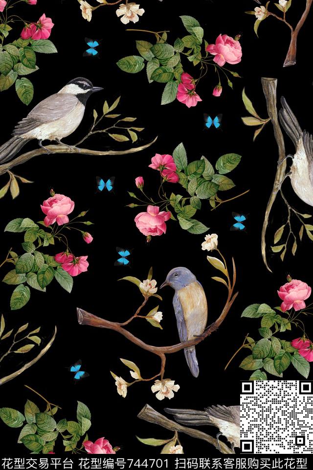 手绘花卉花卉花鸟图数码印花华亿平台下载（图片编号: 744701） - 瓦栏（Walan）