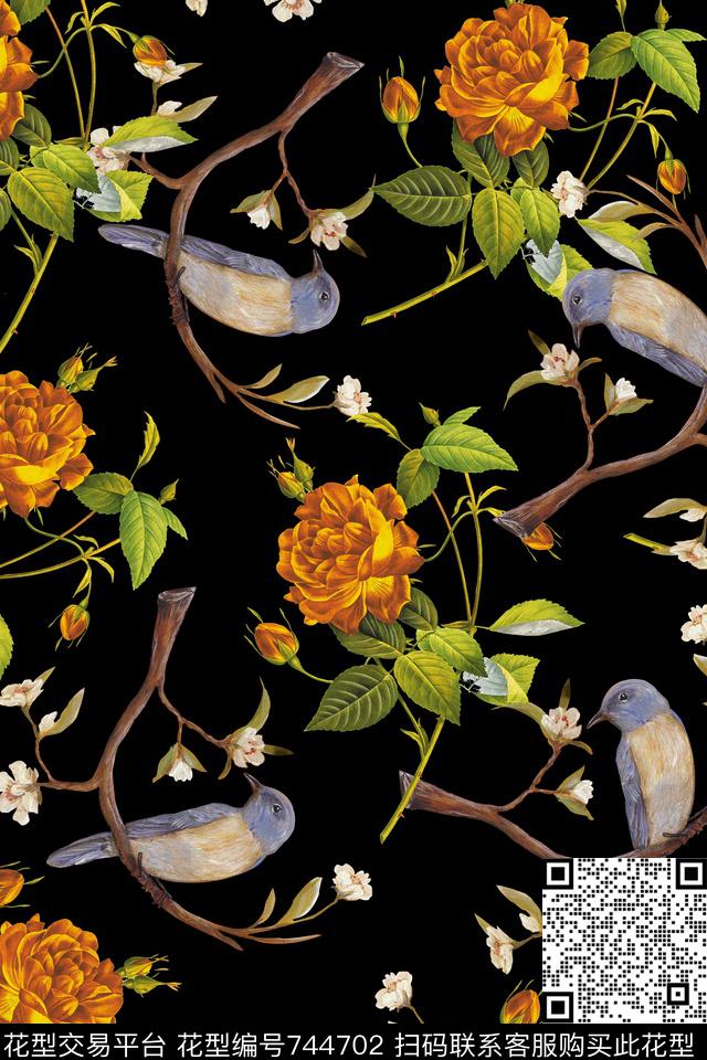 花卉鸟手绘花卉数码印花华亿平台下载（图片编号: 744702） - 瓦栏（Walan）