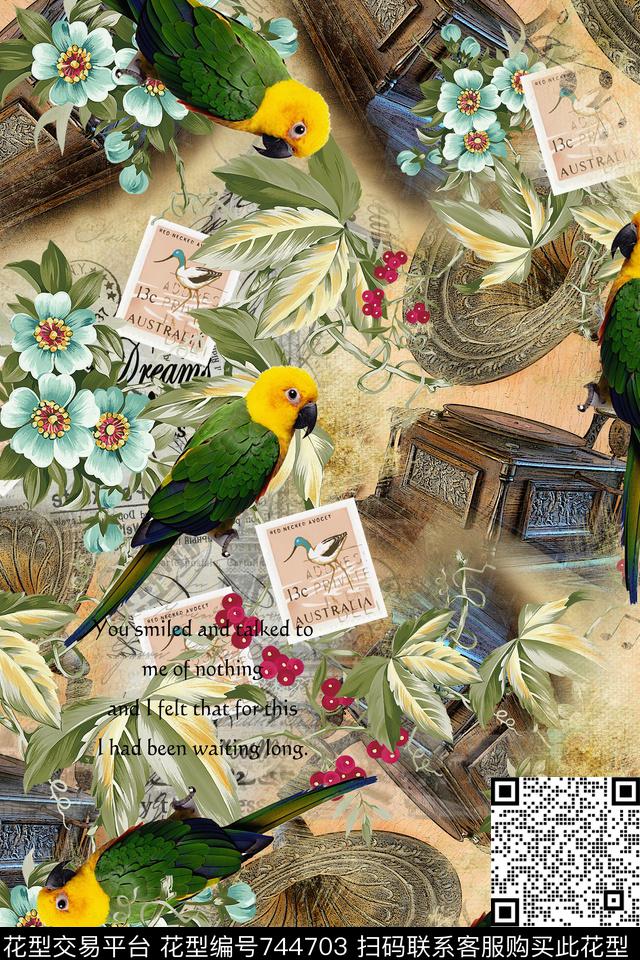 手绘花卉鹦鹉邮票数码印花华亿平台下载（图片编号: 744703） - 瓦栏（Walan）