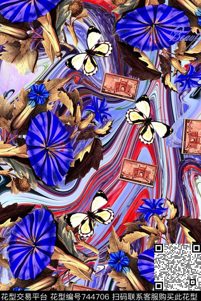 蝴蝶邮票紫色牵牛花数码印花华亿平台下载（图片编号: 744706） - 瓦栏（Walan）