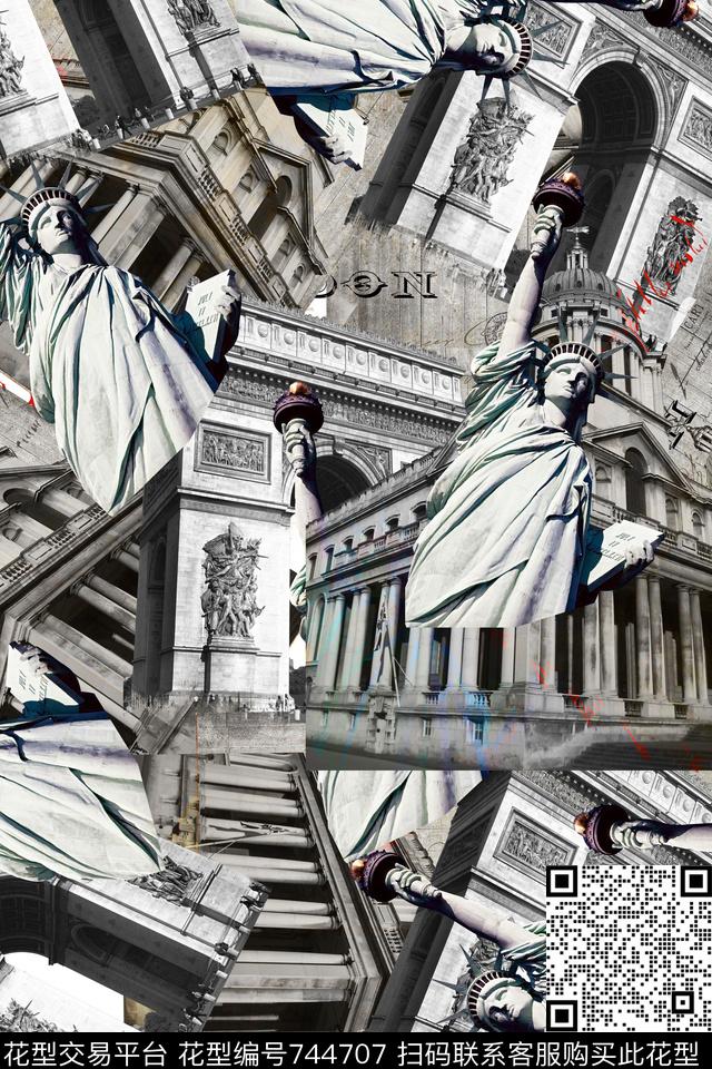 复古建筑物欧式建筑单色数码印花华亿平台下载（图片编号: 744707） - 瓦栏（Walan）