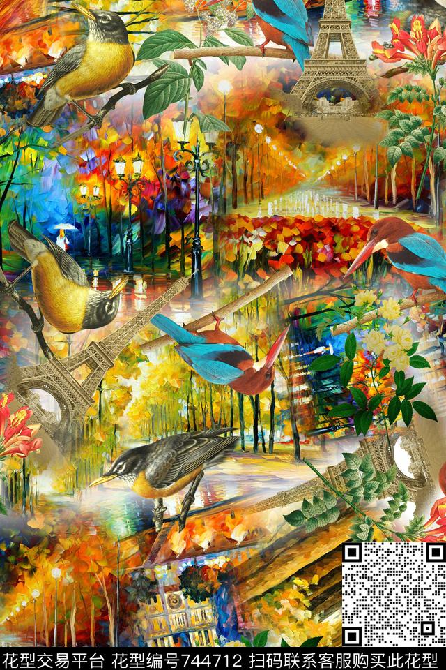 小鸟埃菲尔铁塔油画数码印花华亿平台下载（图片编号: 744712） - 瓦栏（Walan）
