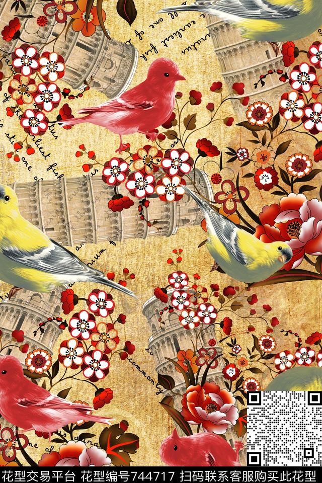 手绘花卉梅花花卉小鸟数码印花华亿平台下载（图片编号: 744717） - 瓦栏（Walan）