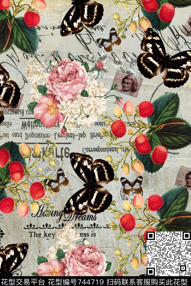手绘花卉休闲风草莓数码印花华亿平台下载（图片编号: 744719） - 瓦栏（Walan）