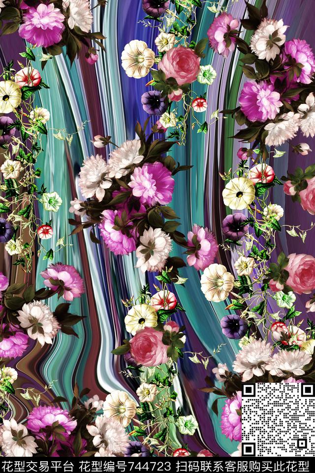 华亿平台手绘花卉花卉数码印花华亿平台下载（图片编号: 744723） - 瓦栏（Walan）