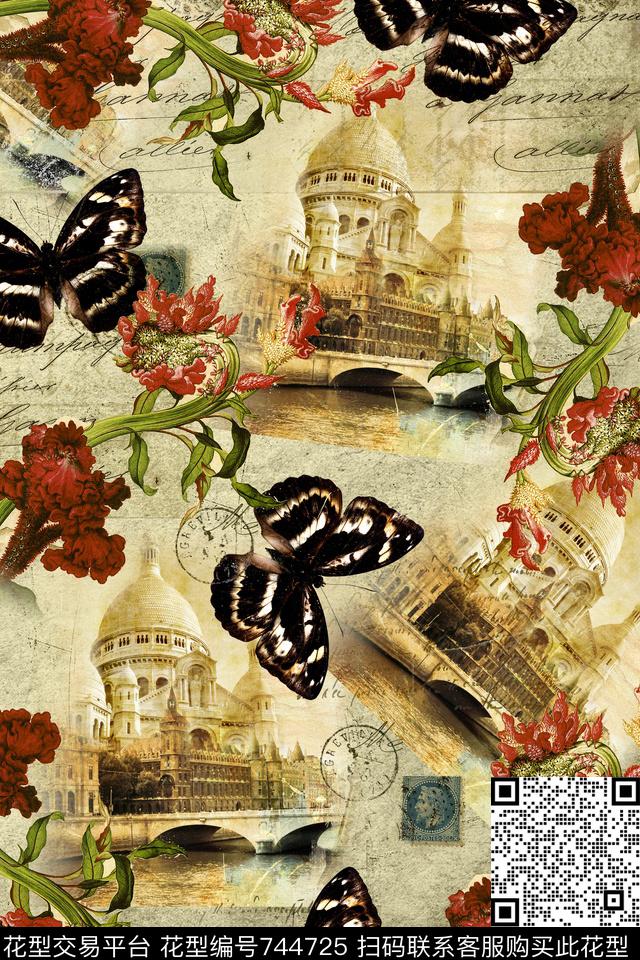 欧式花卉蝴蝶花卉华亿平台数码印花华亿平台下载（图片编号: 744725） - 瓦栏（Walan）