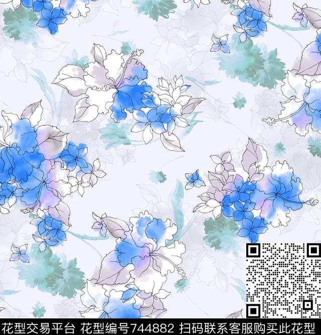 兰花雏菊康乃馨数码印花华亿平台下载（图片编号: 744882） - 瓦栏（Walan）