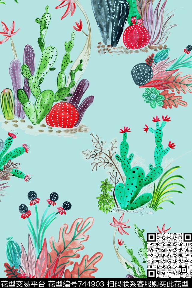 手绘多肉仙人掌数码印花华亿平台下载（图片编号: 744903） - 瓦栏（Walan）