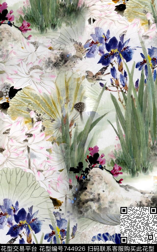 中国风手绘风景数码印花华亿平台下载（图片编号: 744926） - 瓦栏（Walan）