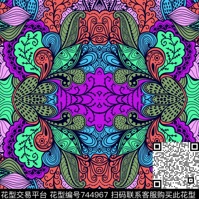 民族风中国风对翻腰果花数码印花华亿平台下载（图片编号: 744967） - 瓦栏（Walan）