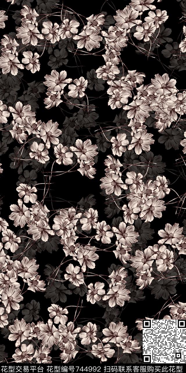 黑白数码花卉类满版花数码印花华亿平台下载（图片编号: 744992） - 瓦栏（Walan）
