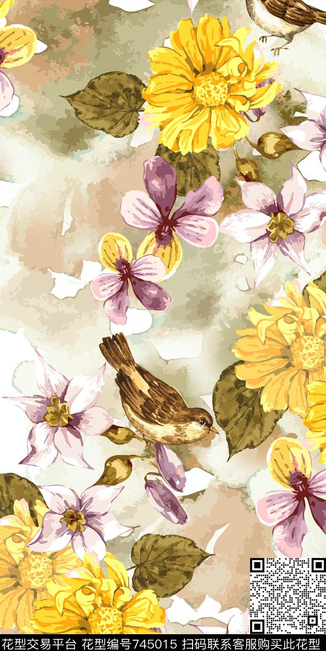 小碎花菊花花鸟数码印花华亿平台下载（图片编号: 745015） - 瓦栏（Walan）
