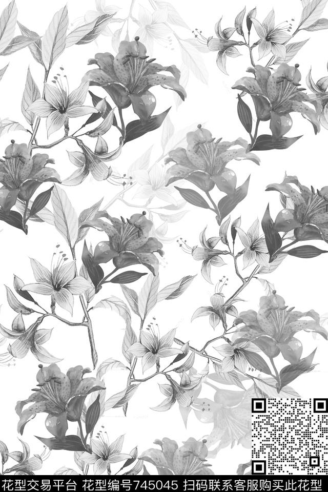 个性花朵女装黑白花数码印花华亿平台下载（图片编号: 745045） - 瓦栏（Walan）