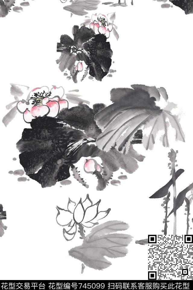中国风水墨荷花传统印花华亿平台下载（图片编号: 745099） - 瓦栏（Walan）