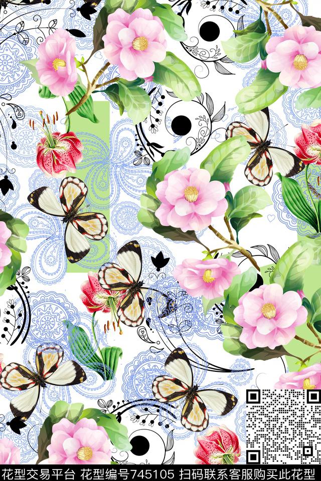 华亿平台花卉蝴蝶数码印花华亿平台下载（图片编号: 745105） - 瓦栏（Walan）