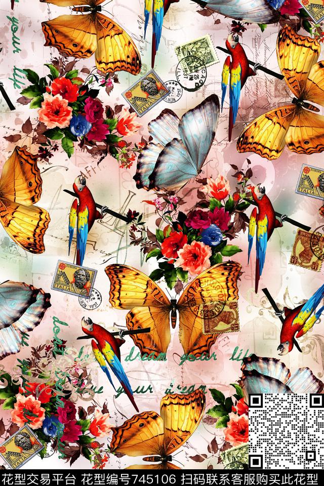 花鸟图蝴蝶鹦鹉数码印花华亿平台下载（图片编号: 745106） - 瓦栏（Walan）