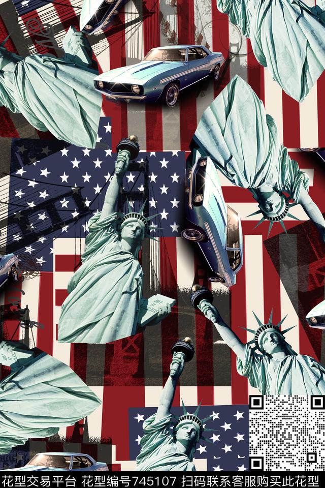 自由女神像美国国旗背景汽车数码印花华亿平台下载（图片编号: 745107） - 瓦栏（Walan）