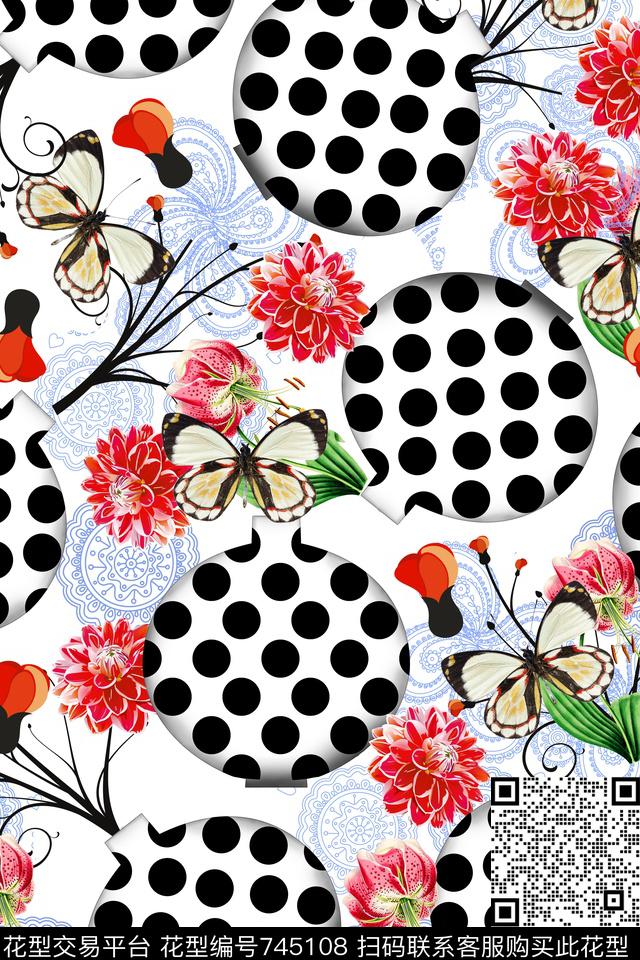 青花瓷背景蝴蝶花卉数码印花华亿平台下载（图片编号: 745108） - 瓦栏（Walan）