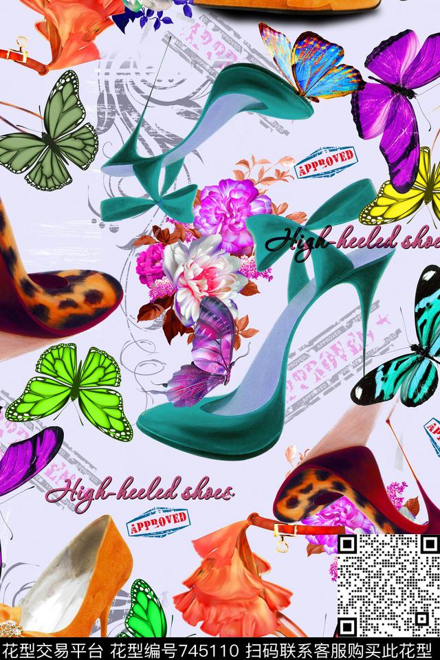 花卉蝴蝶高跟鞋数码印花华亿平台下载（图片编号: 745110） - 瓦栏（Walan）