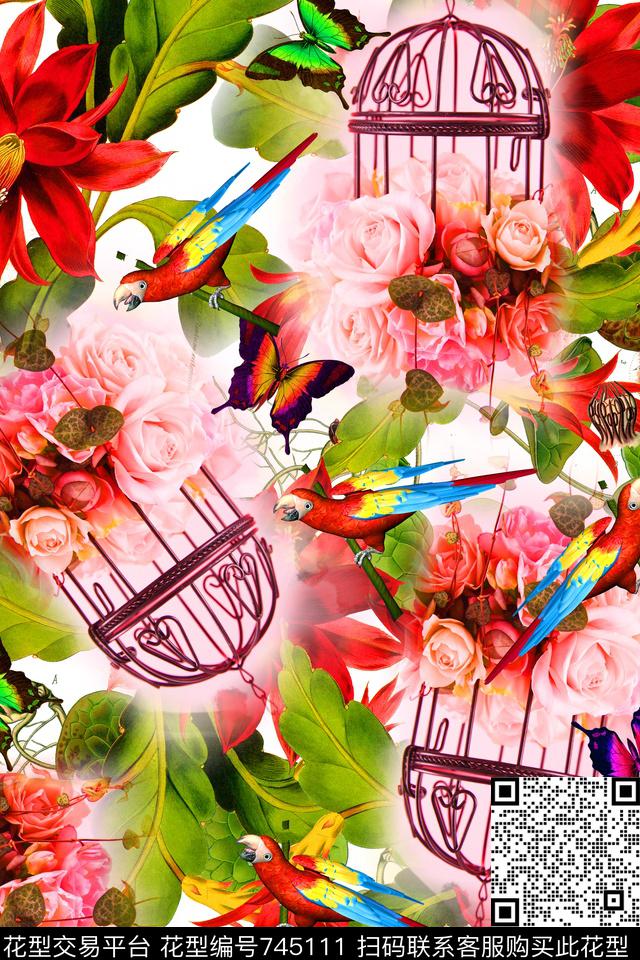 玫瑰花卉鹦鹉蝴蝶数码印花华亿平台下载（图片编号: 745111） - 瓦栏（Walan）