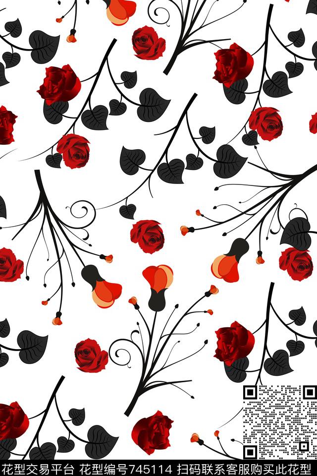 玫瑰花纹花卉手绘花卉数码印花华亿平台下载（图片编号: 745114） - 瓦栏（Walan）