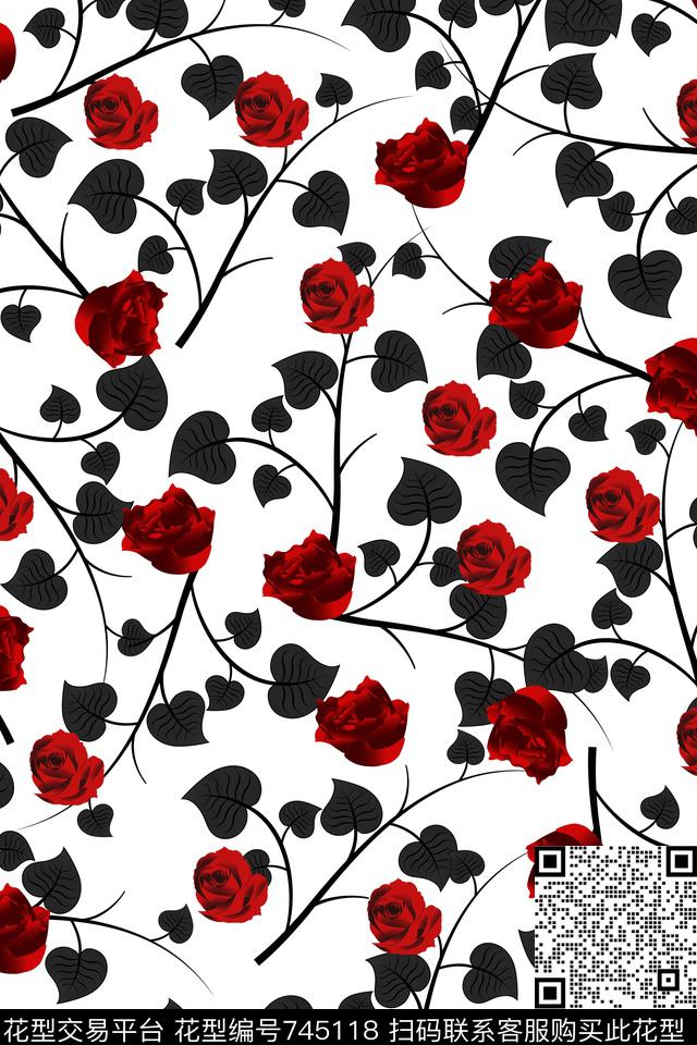 玫瑰花卉小碎花手绘花卉数码印花华亿平台下载（图片编号: 745118） - 瓦栏（Walan）