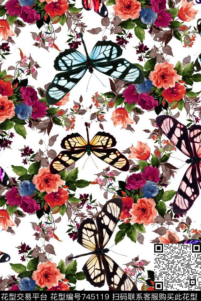 手绘花纹花卉蝴蝶数码印花华亿平台下载（图片编号: 745119） - 瓦栏（Walan）