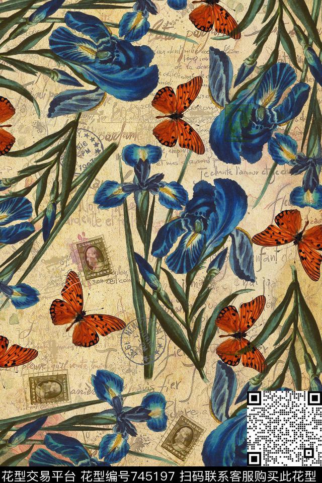 邮票蝴蝶花卉数码印花华亿平台下载（图片编号: 745197） - 瓦栏（Walan）