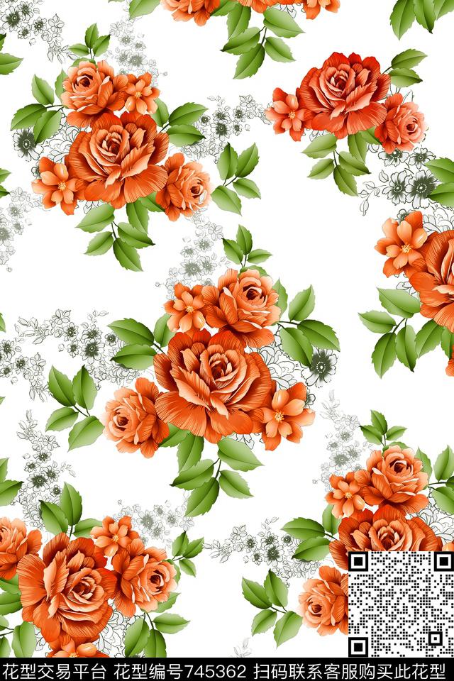 大花花朵花卉数码印花华亿平台下载（图片编号: 745362） - 瓦栏（Walan）