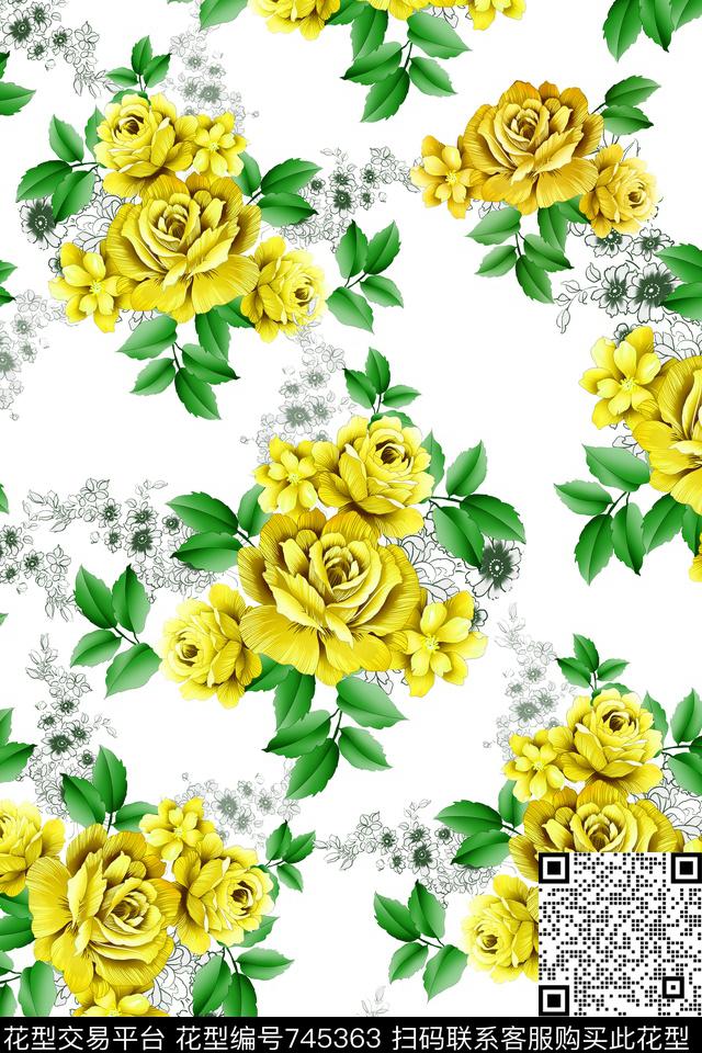 大花花朵花卉数码印花华亿平台下载（图片编号: 745363） - 瓦栏（Walan）